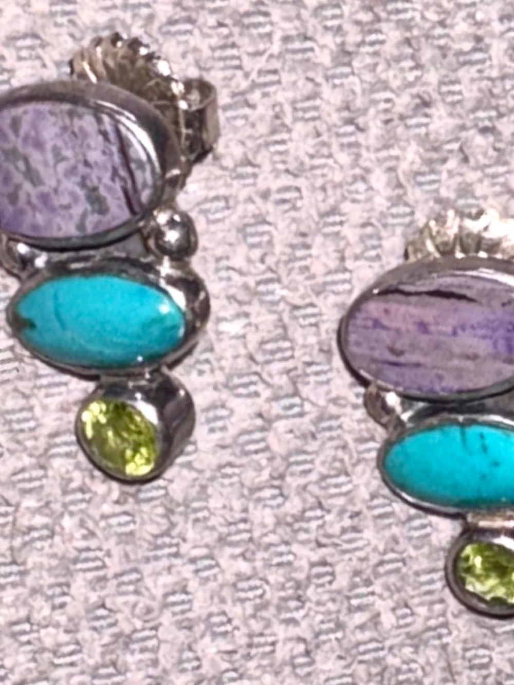Sterling Multi-Gemstone Post Earrings w Turquoise, Lavender & Peridot marked AKR